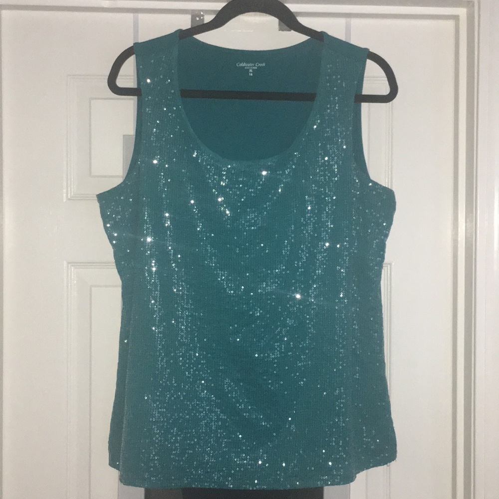 Coldwater Creek teal sequin tank top EUC
